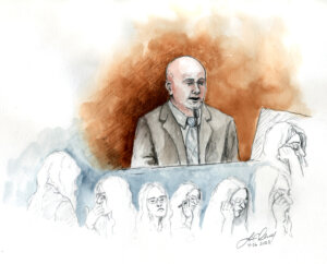 Courtroom sketch of Dr. Garth Warren testifying in court