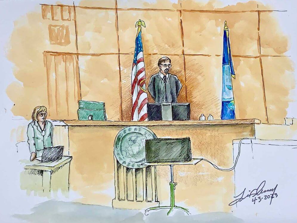 Courtroom sketch of Seventh District Court Judge Steven Boyce.