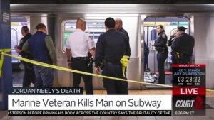 Police and crime scene tape outside of a subway car in NYC