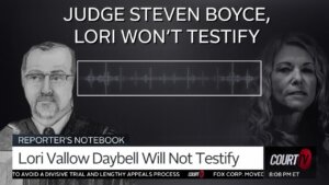 Graphic with sketch of Judge Boyce and photo of Lori Vallow Daybell with text 