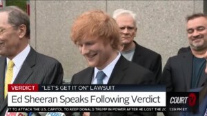 Ed Sheeran speaks to reporters outside of a NYC courthouse