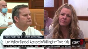 split screen showing chad daybell in court on the left and lori vallow daybell in court on the right