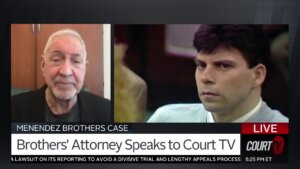 Split screen of Mark Geragos and file footage of Eric Menendez