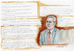 Sketch of douglas hart testifying, surrounded by text messages