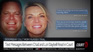 Graphic of Chad and Lori daybell with text messages on screen