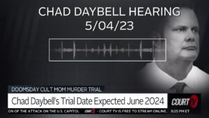 Graphic with Chad Daybell's photo, a waveform and text 