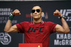 Tony Ferguson poses during a press conference