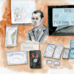 Detective Colin Nesbitt testifies in the trial of lori daybell vallow with various pieces of evidence sketched around him