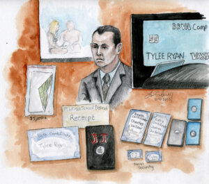 Detective Colin Nesbitt testifies in the trial of lori daybell vallow with various pieces of evidence sketched around him