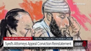 A courtroom sketch shows Adnan Syed appear to cry in court.