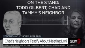 graphic with sketch of todd gilbert on left and photo of lori vallow daybell on right with text: 