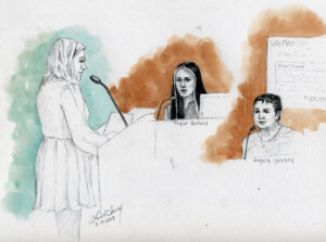 Sketch showing Taylor Ballard and Angela Yancey testifying
