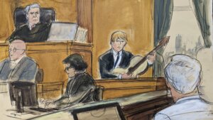 courtroom sketch shows Ed Sheeran playing the guitar on the witness stand.