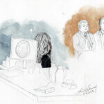 Sketch showing Lori Vallow Daybell looking on as her lawyers talk.