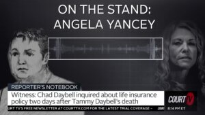 Graphic showing wave form, sketch of Angela Yancey and photo of Lori Vallow Daybell with text 