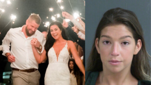 right: Aric Hutchinson and Samantha Miller wedding photo, left: jamie lee komorski mug shot