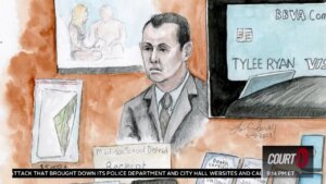 sketch of detective colin nesbitt testifying with sketches of digital evidence around him