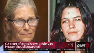 side-by-side photos of Leslie Van Houten, showing her in 2017 and 1969.