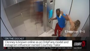 still frame from surveillance video shows courtney clenney and christian obumseli fighting in an elevator.