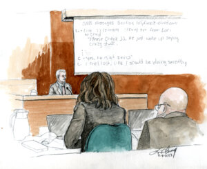 Sketch of Douglas Hart testifying with white board in background and attorneys in foreground