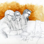 Courtroom sketch shows Lori Vallow Daybell whispering to her attorney.