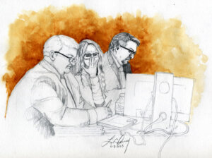 Courtroom sketch shows Lori Vallow Daybell whispering to her attorney.