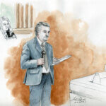 Sketch of Jim Archibald delivering closing arguments