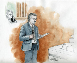 Sketch of Jim Archibald delivering closing arguments