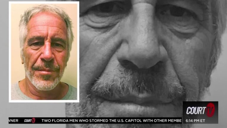 Graphic of Jeffrey Epstein's mug shot.