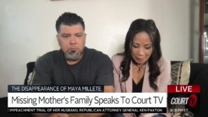 Maya Millete's sister and brother-in-law sit on a couch