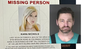 (left) a missing person poster with photo of kara nichols, (right) booking photo of Joel Hollendorfer