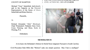 motion filed in court with inset photo of Alex Murdaugh in shackles walking with police