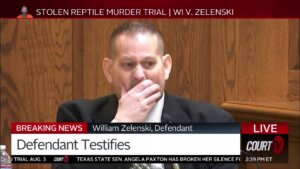 William Zelenski holds his hand to his face as he became emotional on the witness stand