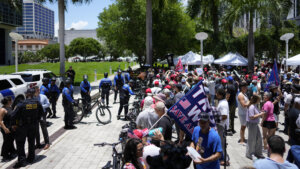 Supporters and protesters gather in Miami outside the federal courthouse ahead of Donald Trump's arraignment.