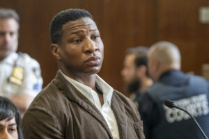 Jonathan Majors is seen in court during a hearing