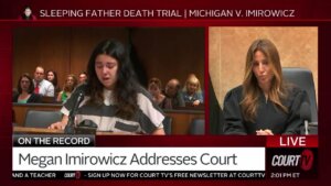 left, woman addresses the court, right, judge sits on the bench