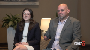 Olivia Hicks and Jamie Jackson sit and speak to the camera