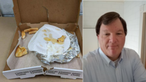 left, pizza box with paper plate and pizza crusts, right selfie of Rex Heuermann