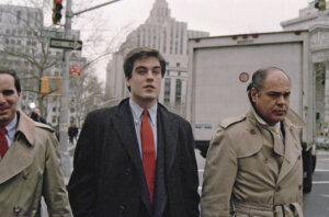 Robert Chambers, the so-called "Preppy Killer," accompanied by his father, Robert Chambers Sr., arrives at New York City Criminal Court