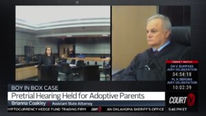 split screen showing a woman standing at a lectern on the left and a male judge on the right