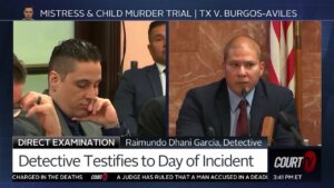 Split screen. Left shows Raymond Anthony Burgos-Aviles sitting with his hand to his face at the counsel table in court, right shows detective Raimundo Dhani Garcia testifying.