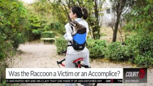 Woman with raccoon in backpack.