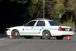 police cruiser parked with small orange cones