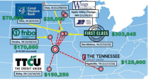 Federal Bureau of Investigation map of bank robberies allegedly committed by Babudar