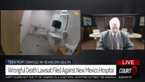 split screen: left shows bodycamera video of a hospital room, right shows an older man in a suit talking to the camera