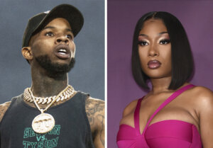 split screen. Left: tony lanez, right, megan thee stallion