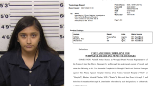 mugshot of Alexee Trevizo with excerpts from toxicology report and lawsuit