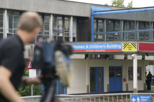 Members of the media outside the Countess of Chester Hospital