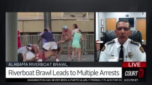 split screen with fight on left and police chief on right