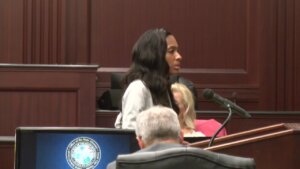 Christine Michel delivers closing arguments in court